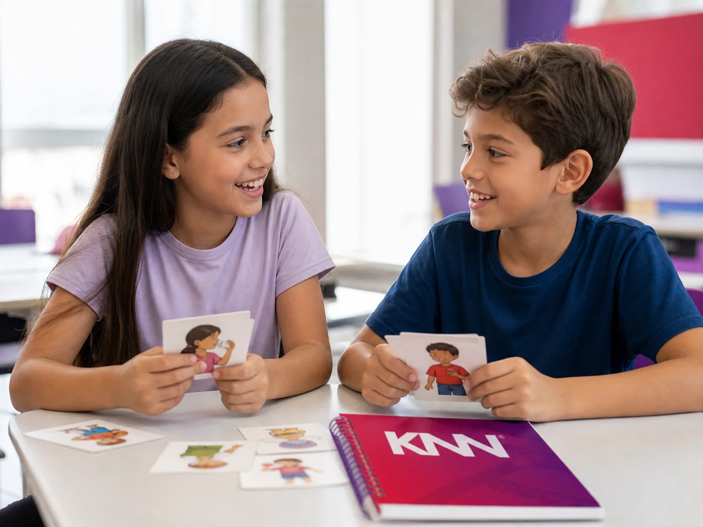 Duas crianças praticando conversação com material didático KNN