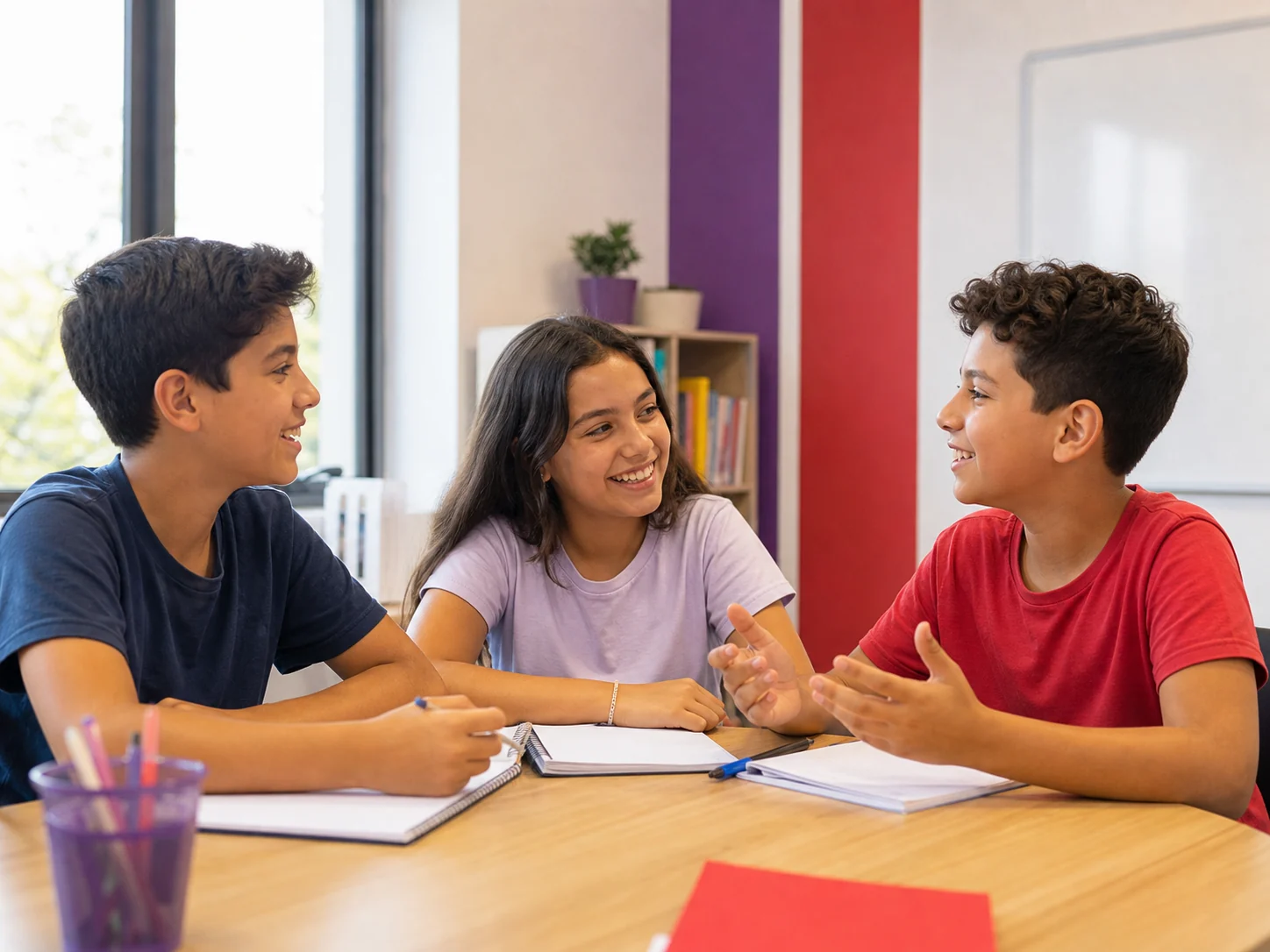 Crianças e adolescentes praticando inglês em uma conversa na sala de aula